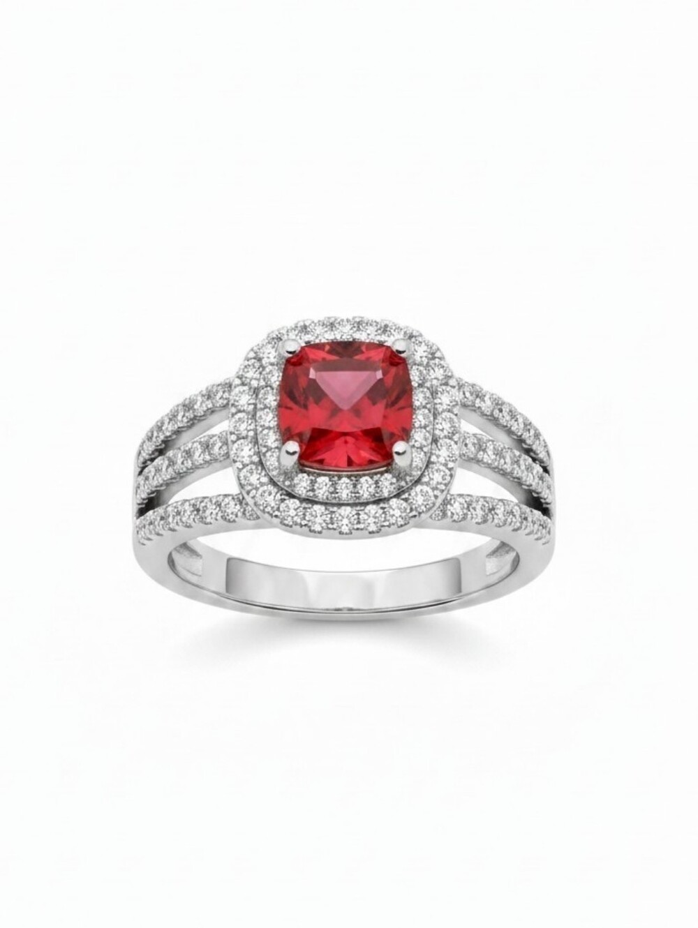 Nwt Sassified Cushion Red Halo Ring with Double Split Shank in Sterling Silver